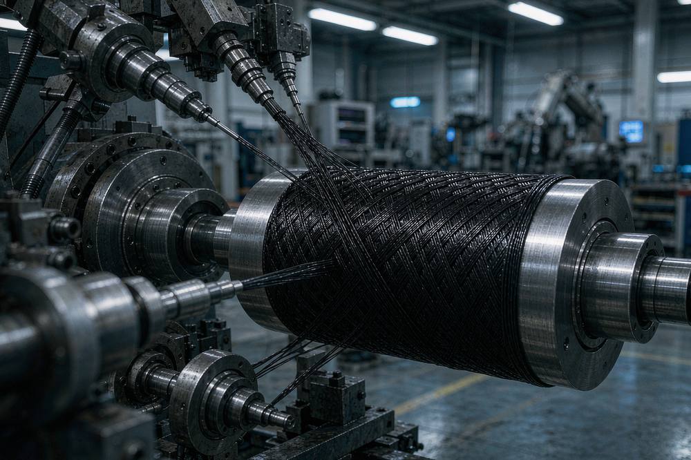 Filament winding machine winding carbon fiber rovings onto a rotating mandrel